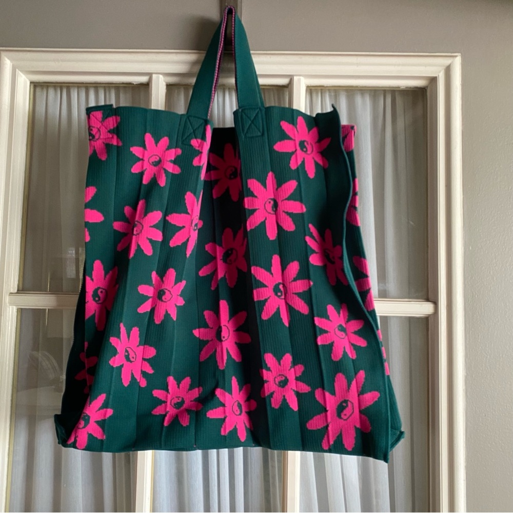 Pink and Green Stretchy Knit Floral Ying and Yang Tote